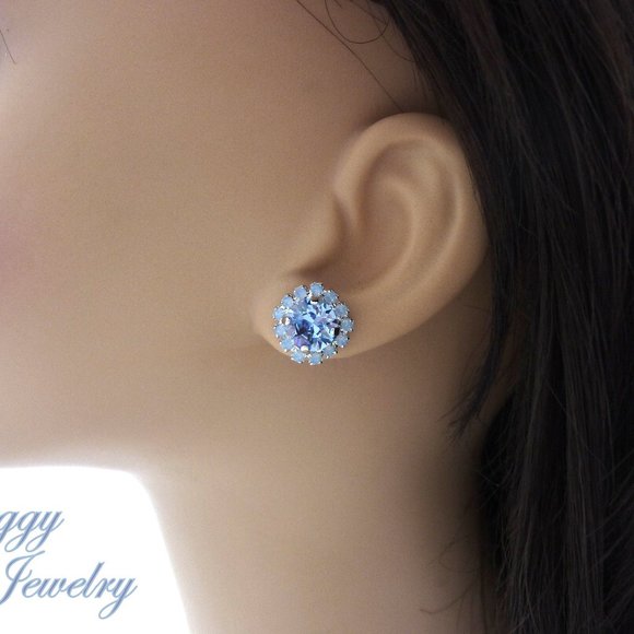 Swarovski Crystal Light Sapphire and Air Blue Opal Halo Studs Post Earrings - Picture 6 of 7